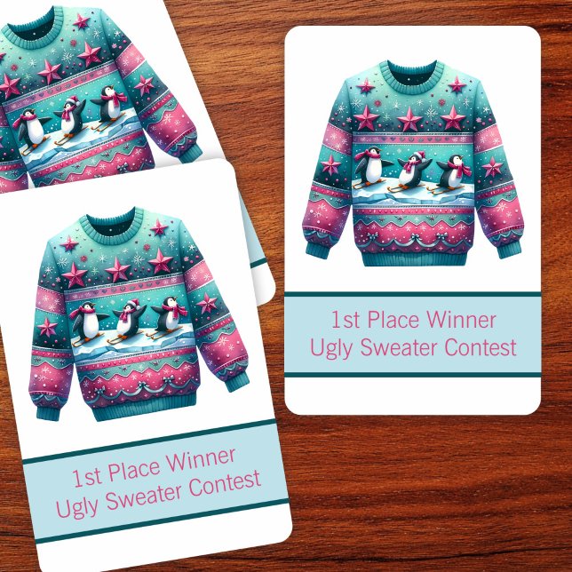 1:a Ställe Vinnare Ugly Sweater Tävling Rosa Teal Casinokort (Skapare uppladdad)