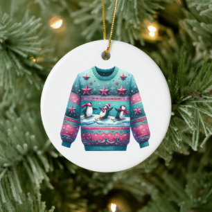 1:a Ställe Vinnare Ugly Sweater Tävling Rosa Teal Julgransprydnad Keramik