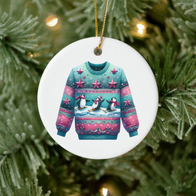 1:a Ställe Vinnare Ugly Sweater Tävling Rosa Teal Julgransprydnad Keramik (Träd)