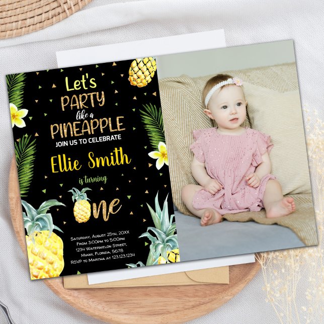 1:a Svart ananas födelsedag med foto Inbjudningar (1st Black Pineapple Birthday Invitations w photo)