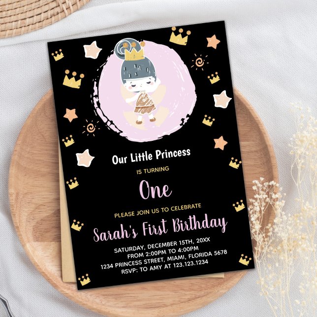 1:a Svart vår lilla prinsessas födelsedag Inbjudningar (1st Black Our Little Princess Birthday Invitations)