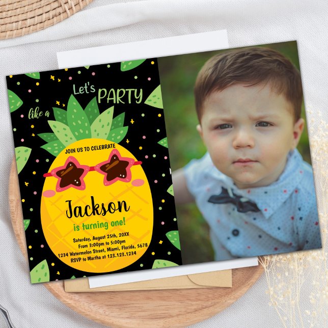 1:a svarta Orangen Ananas födelsedag med foto Inbjudningar (1st Black Orange Pineapple Birthday w photo Invitation)