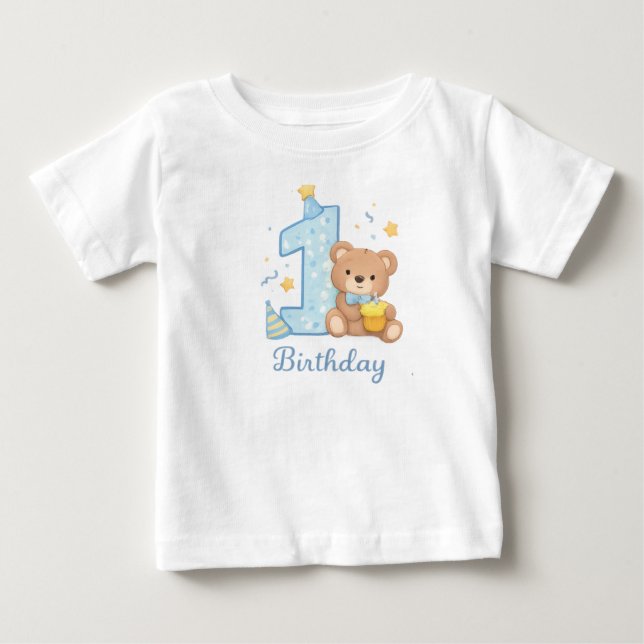 1-års Björn Barn T-Shirt – Söt Blå Björn (Framsida)