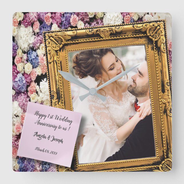 1-års bröllopsdag Blommig gammal träram Fyrkantig Klocka (Framsida)