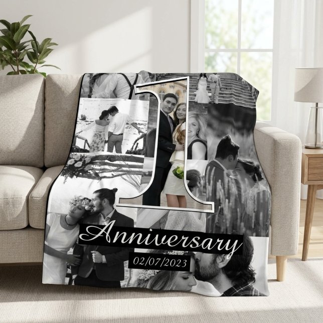 1-års bröllopsdag fotokollage fleecefilt (1st year marriage anniversary photo collage fleece blanket
)