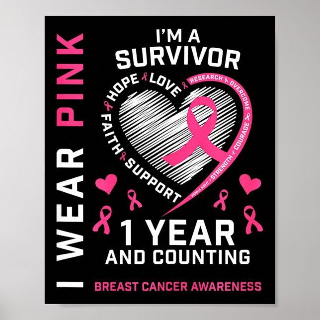 1 års cancerfri Mamma Rosa Awareness Breast Cance Poster (Framsidan)
