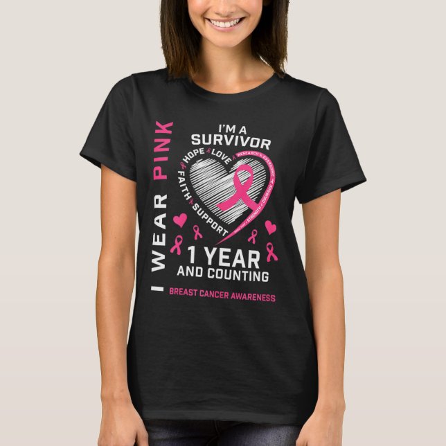 1 års cancerfri Mamma Rosa Awareness Breast Cance T Shirt (Framsida)