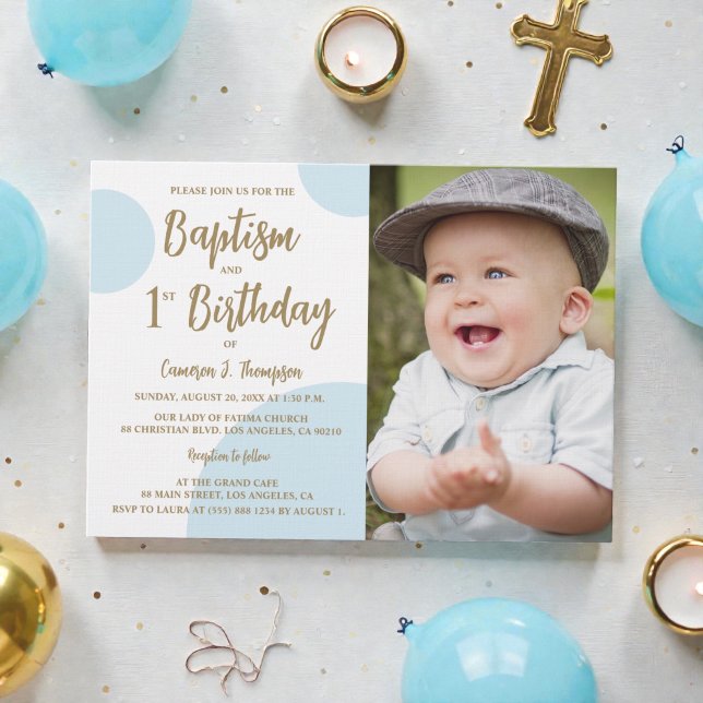 1-års dop fotoblå guld anpassad inbjudningar (Custom joint birthday and baptism photo invitation card.)