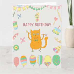 1-års födelsedag. Ballonger och röd katt. Kort