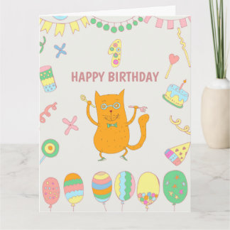 1-års födelsedag. Ballonger och röd katt. Kort
