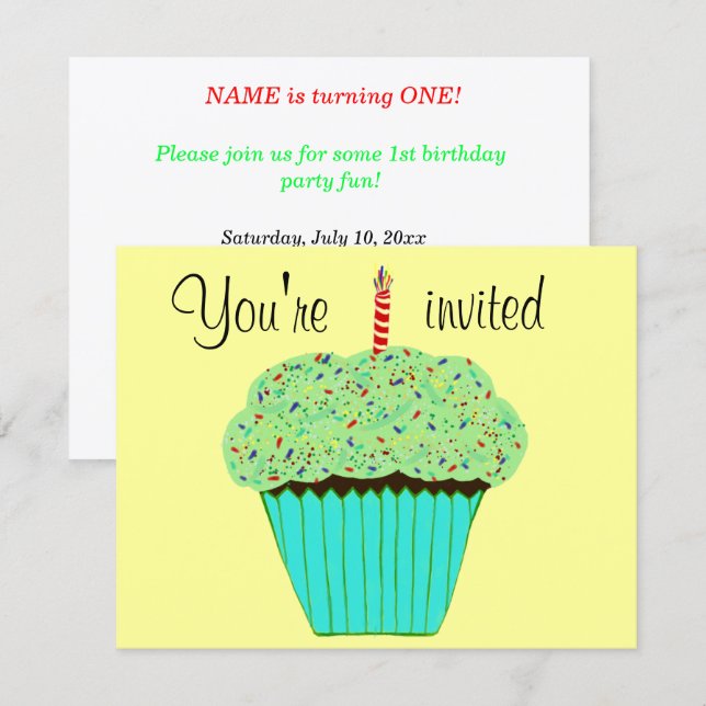1-års födelsedag Grön Cupcake Namn Valfri Ålder Inbjudningar (Fram/baksida)
