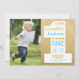 1-års födelsedag Guld Glitter och Blå Foto Inbjudningar