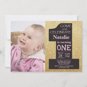 1-års födelsedag Guldglitter och rosa foto Inbjudningar