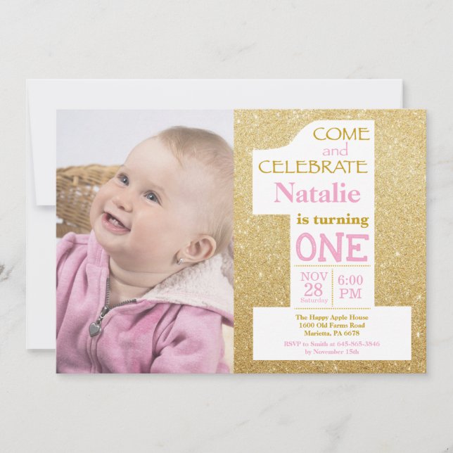1-års födelsedag Guldglitter och rosa foto Inbjudningar (Framsida)
