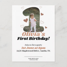 1-års födelsedag minimalistisk beige teddy hjärtan vykort