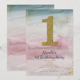 1-års födelsedag Modern Glam Watercolor Guldkonfet Inbjudningar