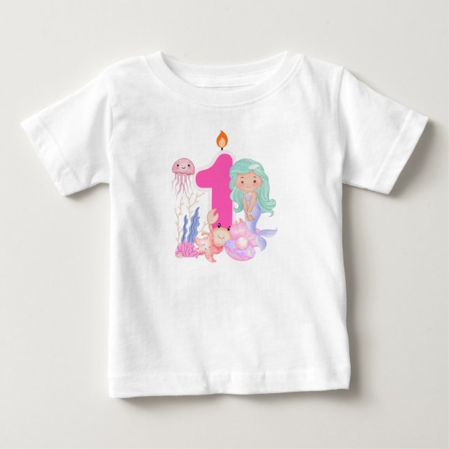 1-års födelsedag Pastell Mådhavsfru & Havsmonster T Shirt (Framsida)