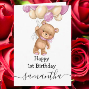 1-års födelsedag rosa ballong teddy flicka kort
