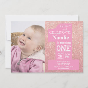 1-års födelsedag Rosa Guld Glitter och Rosa Foto Inbjudningar