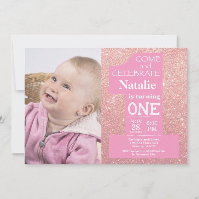 1-års födelsedag Rosa Guld Glitter och Rosa Foto Inbjudningar (Framsida)