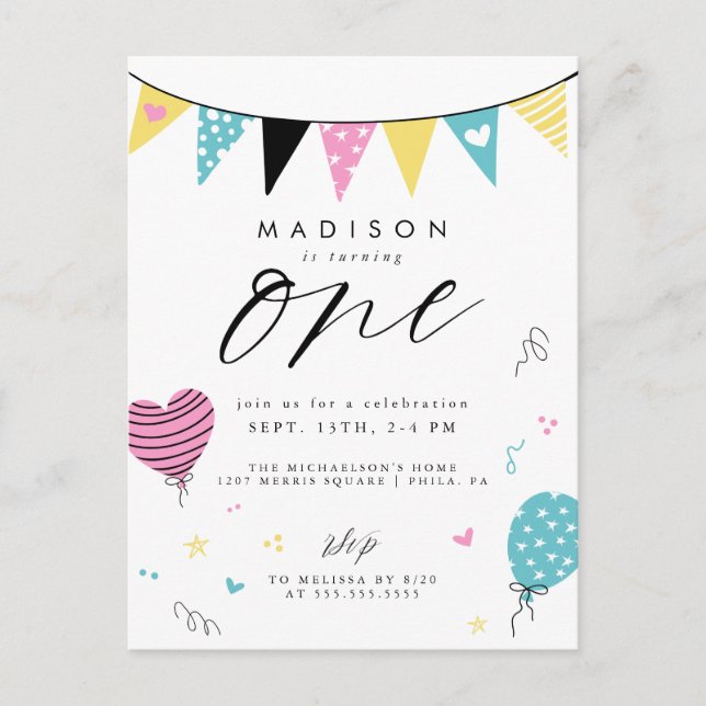 1-ÅRS FÖDELSEDAG | Söt doodle födelsedagsfest kort (Framsida)