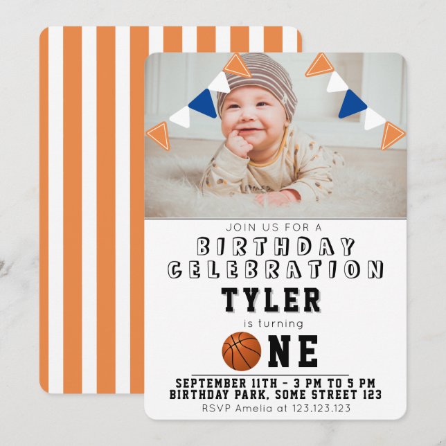 1-års födelsedag söta basketbollar barn foto  inbjudningar (Fram/baksida)
