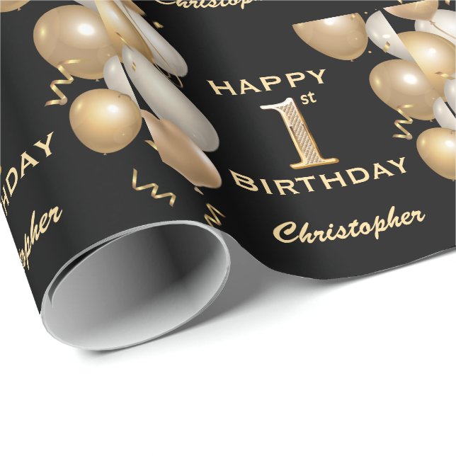 1-års födelsedag Svarta och Gyllene Glittrande Bal Presentpapper (Rullad Hörn)