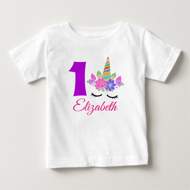 1-års födelsedags enhörning-tematisk baby-t-shirt t shirt (Framsida)