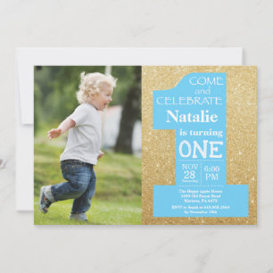 1-års födelsedags guldglitter och blå foto inbjudningar