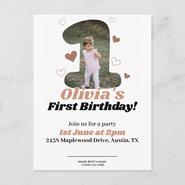 1-års födelsedags minimalistiska beige teddy hjärt vykort (Framsida)