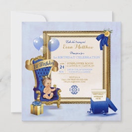 1-års födelsedags prins pojke Royal Blue Guld Foto Inbjudningar