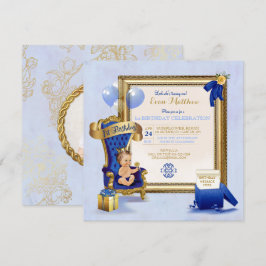 1-års födelsedags prins pojke Royal Blue Guld Foto Inbjudningar