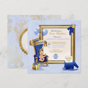 1-års födelsedags prins pojke Royal Blue Guld Foto Inbjudningar