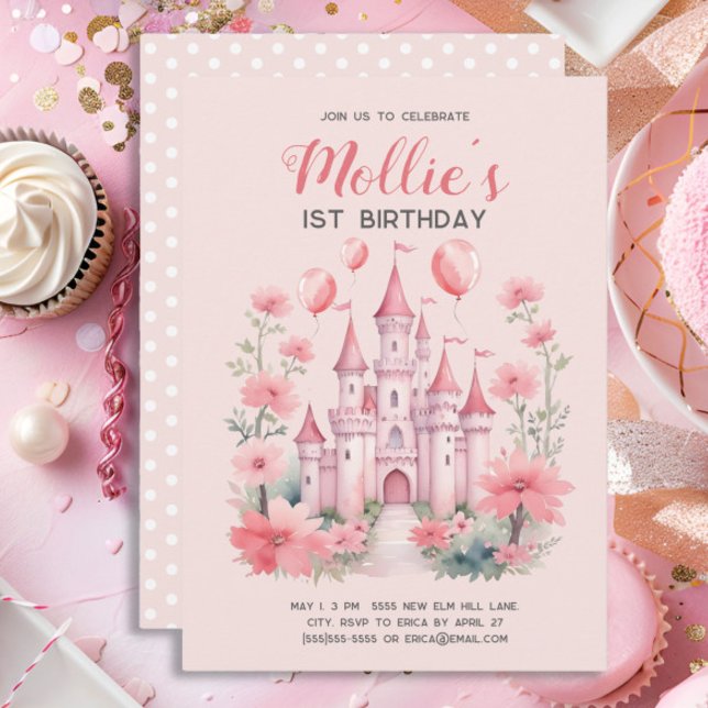 1-års födelsedags rosa prinsessslott ballonger inbjudningar (Cute pink princess castle little girl's 1st birthday party invitation)