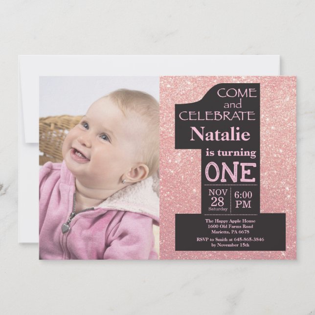 1-års födelsedags roséguld glitter och rosa foto inbjudningar (Framsida)