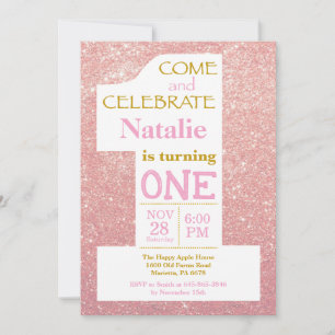1-års födelsedags roséguld glitter och rosa inbjud inbjudningar