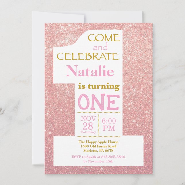 1-års födelsedags roséguld glitter och rosa inbjud inbjudningar (Framsida)