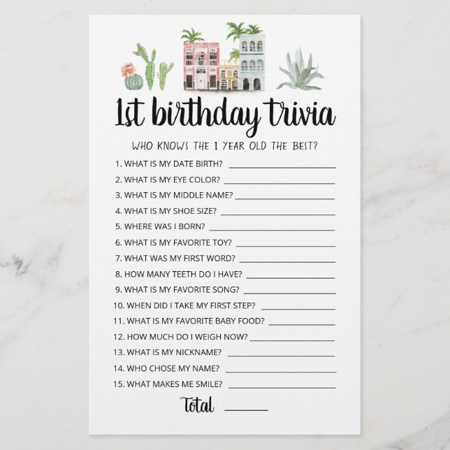 1-års födelsedags Trivia redigerbart spel (Framsida)