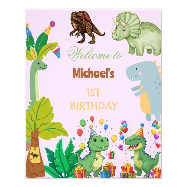 1-års födelsedagsdinosaurie Minimal välkomstskylt  Fototryck (Framsidan)