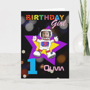 1-års födelsedagsflicka astronaut rymd tema foto kort