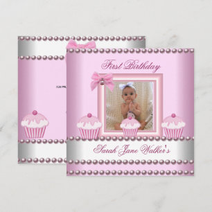 1-års födelsedagsflicka Rosa Cupcakes Vita Pärlor Inbjudningar