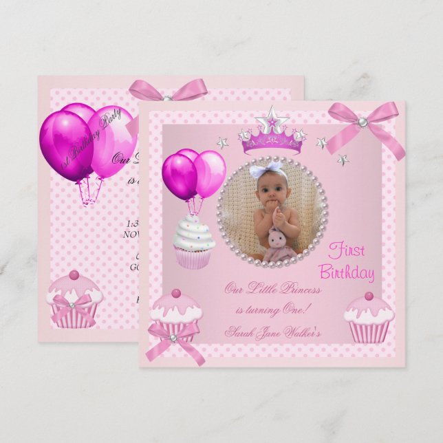 1-års födelsedagsflicka Rosa Cupcakes Vita Pärlor  Inbjudningar (Fram/baksida)