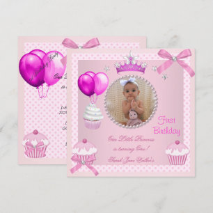 1-års födelsedagsflicka Rosa Cupcakes Vita Pärlor Inbjudningar