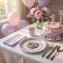 1-års födelsedagsfoto & lila prickar