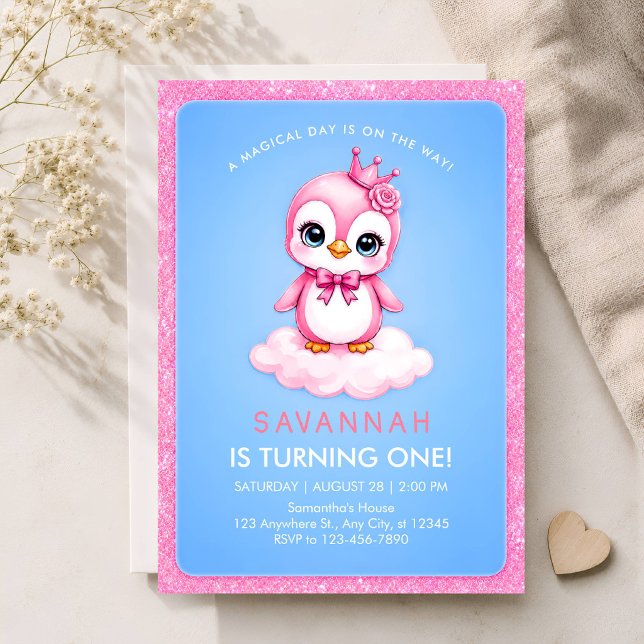 1-års födelsedagsinbjudan flicka pingvin prinsessa inbjudningar (Skapare uppladdad)