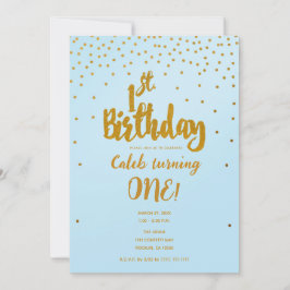 1-års födelsedagsinbjudan i ljust blått och guldko inbjudningar