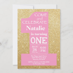 1-års födelsedagsinbjudan med guldglitter och rosa inbjudningar