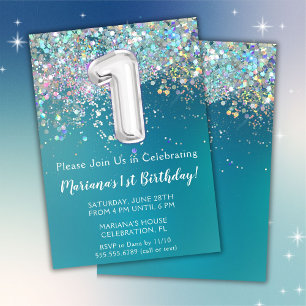 1-års födelsedagsinbjudan Teal Silver Glitter Inbjudningar
