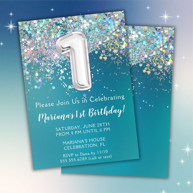 1-års födelsedagsinbjudan Teal Silver Glitter Inbjudningar (Skapare uppladdad)