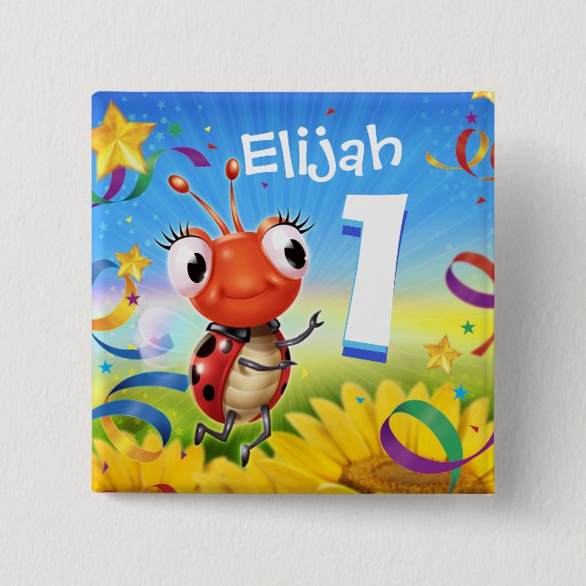 1 års födelsedagskalkyl - emblem Little Ladybug ra Knapp (Framsida)
